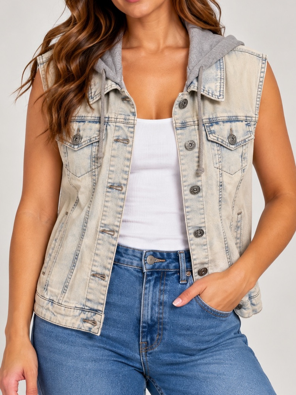 Guess Light Wash Denim Vest with Gray Hood